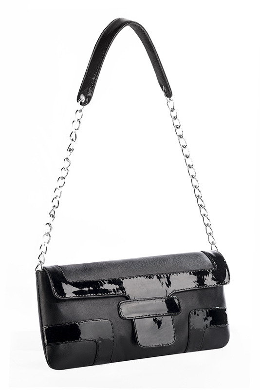 Dress clutch for wedding and parties in satin black and gloss black leather - Top view